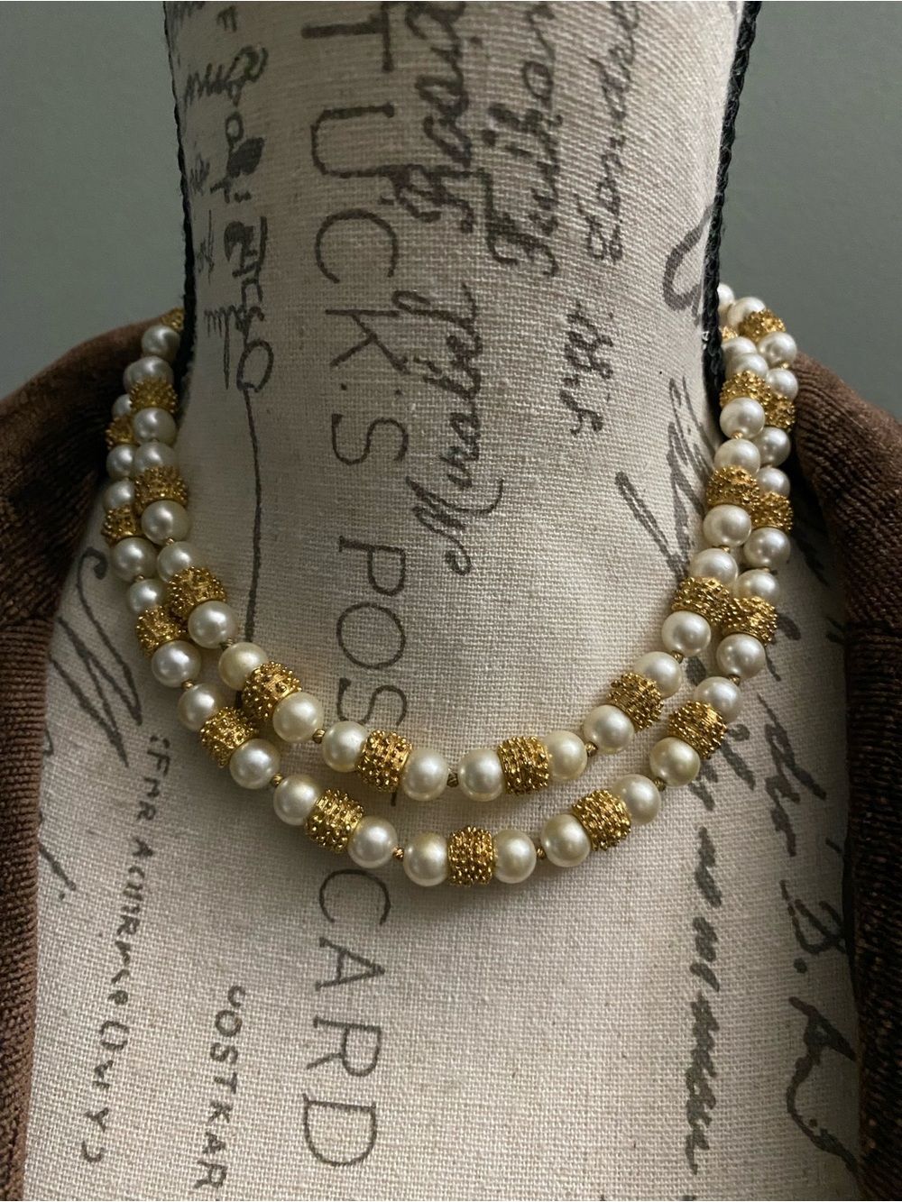 Trifary Vintage Double Strand White Pearl Necklace with Gold Bead Accents